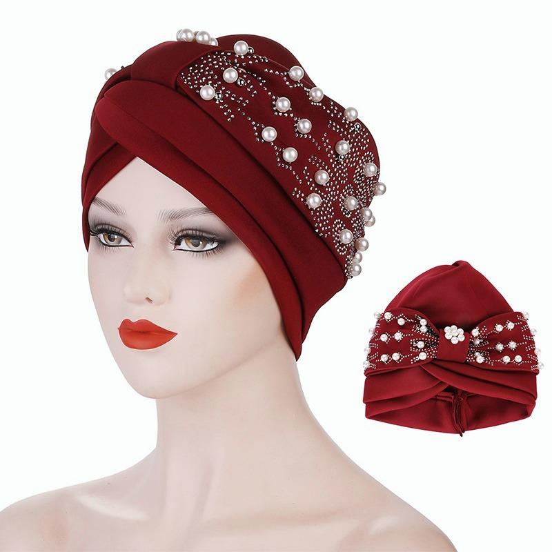 Women's Solid Color Hot Drilling Pearl Turban Hat Cap Head Hat Accessories