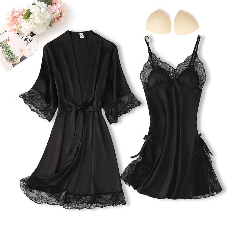 Sexy Pure Desire Lace Pajama Set: Solid Color Slip Dress with Tie-Up Morning Robe