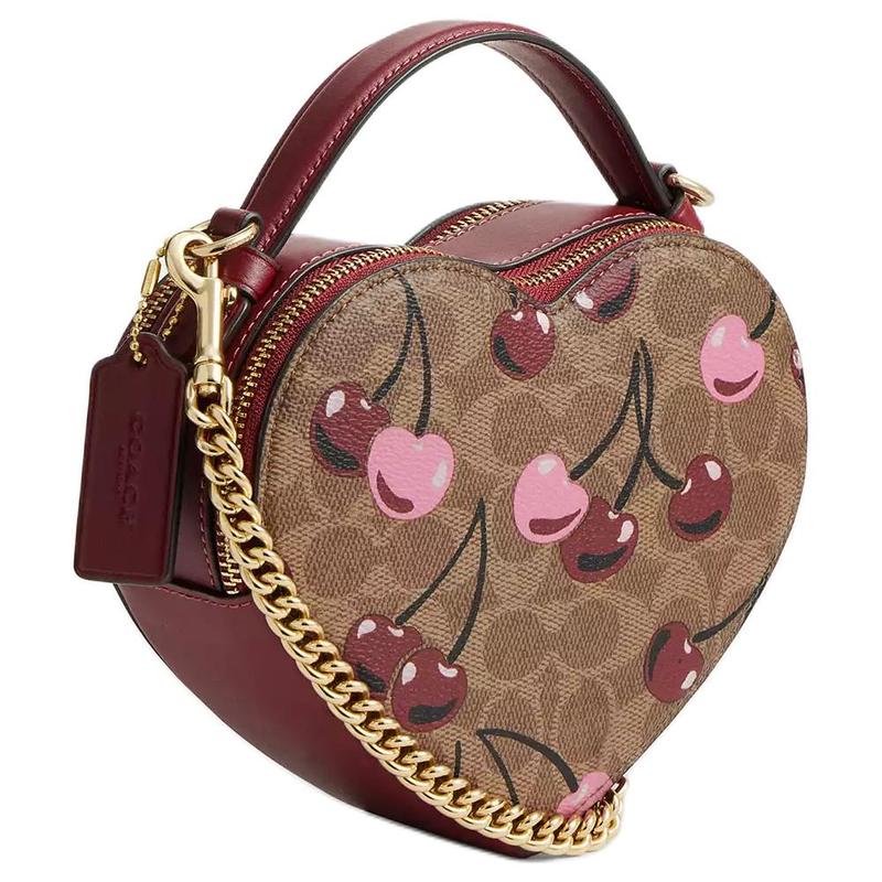 Coach Heart 15 Cherry Print Zip Closure Coated Canvas Heart Shape Bag Shoulder Crossbody Tote Mini Women's Tan