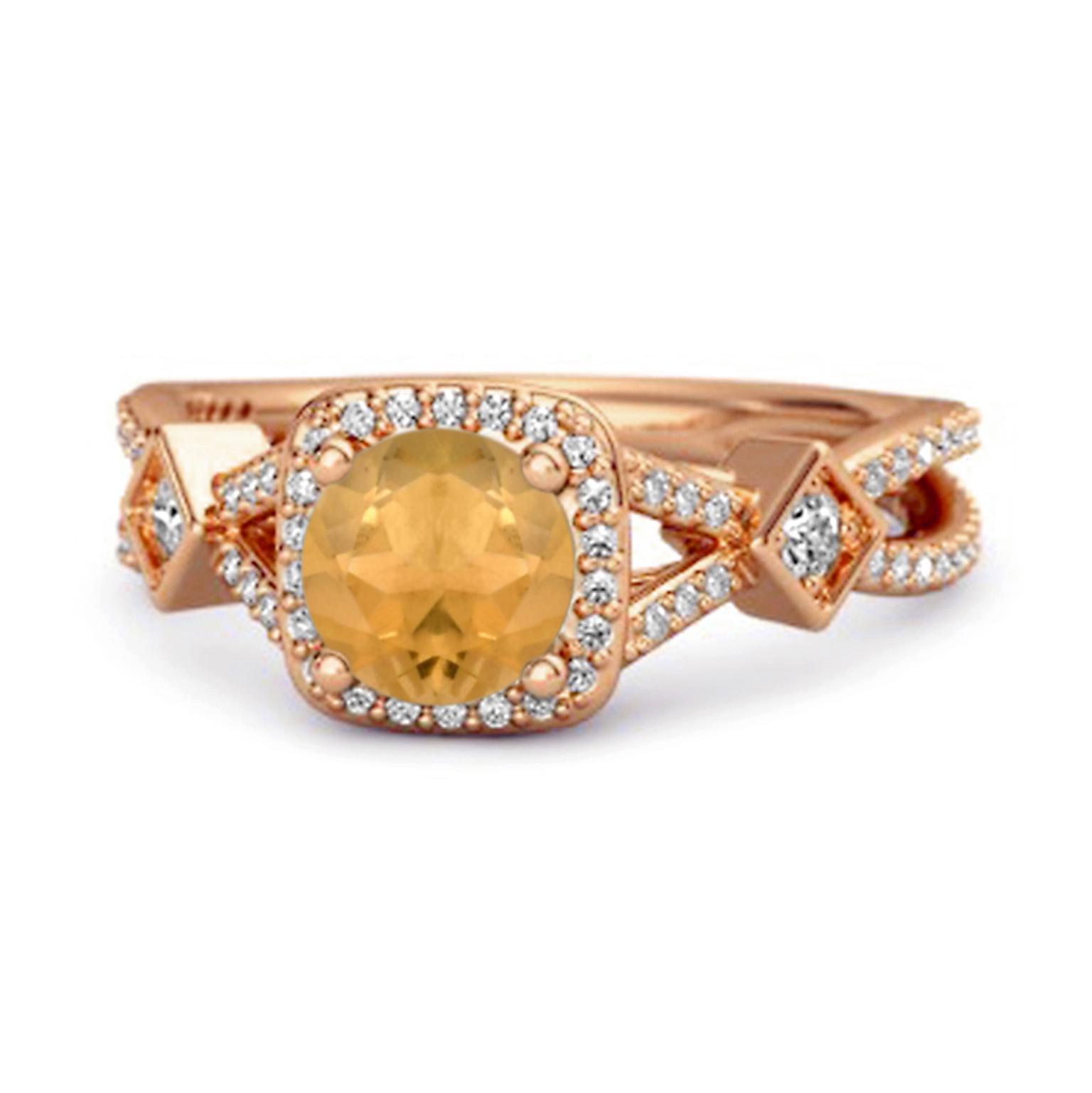 Citrine Geometric Halo Accent Design Ring - 925 Sterling Silver Rose Gold Vermeil 6.5