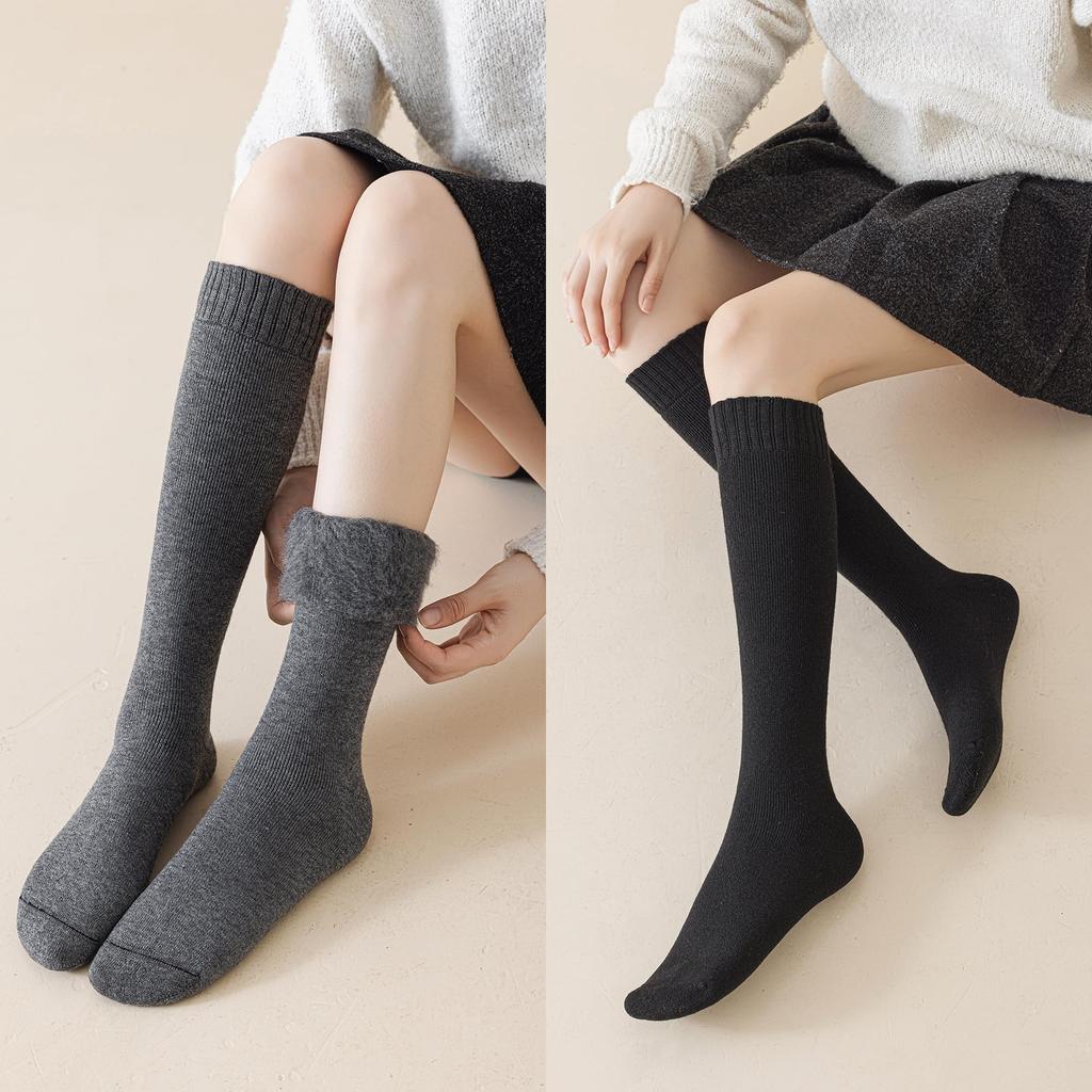 TsujiYa Thick Warm Wool Knee Socks for Fluffy and Warm Calf Room Socks with Fleece Sizes Set Number Women's Winter, Socks, Lining, 22-25cm, 3-Pair