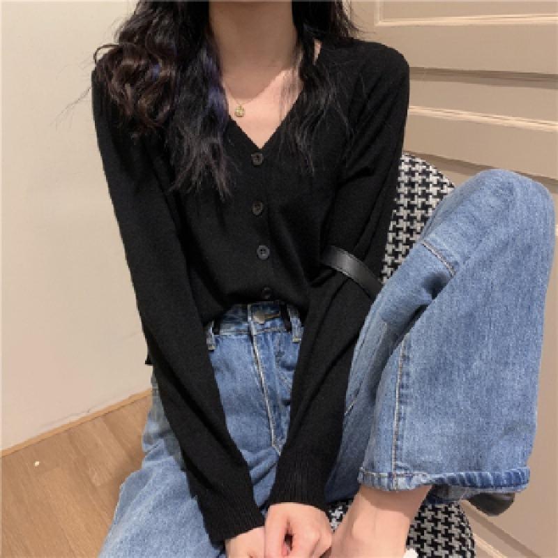 Early Autumn New Knitted Outer Cardigan Short Korean Version V-neck Loose Inner Long-sleeved Thin Sweater Jacket Women's Clothing