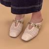 Fashion Soft Leather Simple Wedge Heel Cool Mopping Summer New Square Toe Shallow Mouth Woven Cutout Metal Buckle Wear Wrapped Slippers