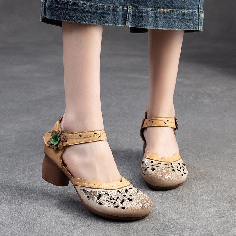 Fashion GKTINOO 2025 New Women Sandals Summer Genuine Leather Thick Heels Sandals Retro Style Round Toe Casual High Heel Mom Shoes