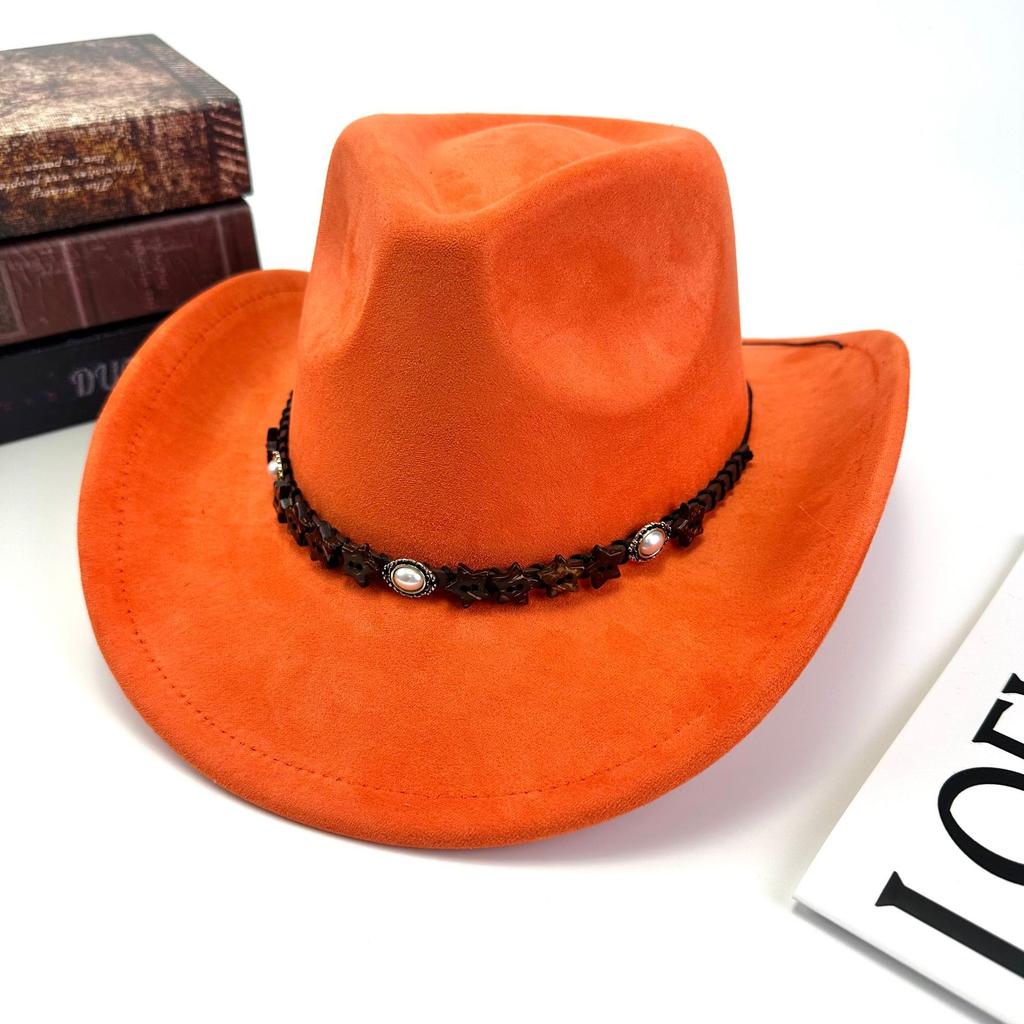 Western Cowboy Hat Women'S Wool British Suede Pearl Accessories Peach Heart Top Hat