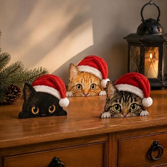 Christmas Table Centerpiece Cute Cat Shelf Sitter, Wooden Hat Peeking Desk Figurine, Funny Animal Desktop Background Ornament Sign, Lover Gift