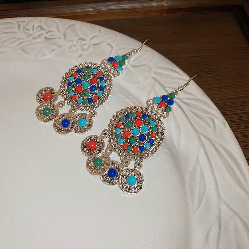 Boho Niebieskie Długie Kolczyki z Frędzlami Damskie Premium Świąteczne Wietrzne Haczyki na Uszy Retro Etniczne Wietrzne Kolczyki