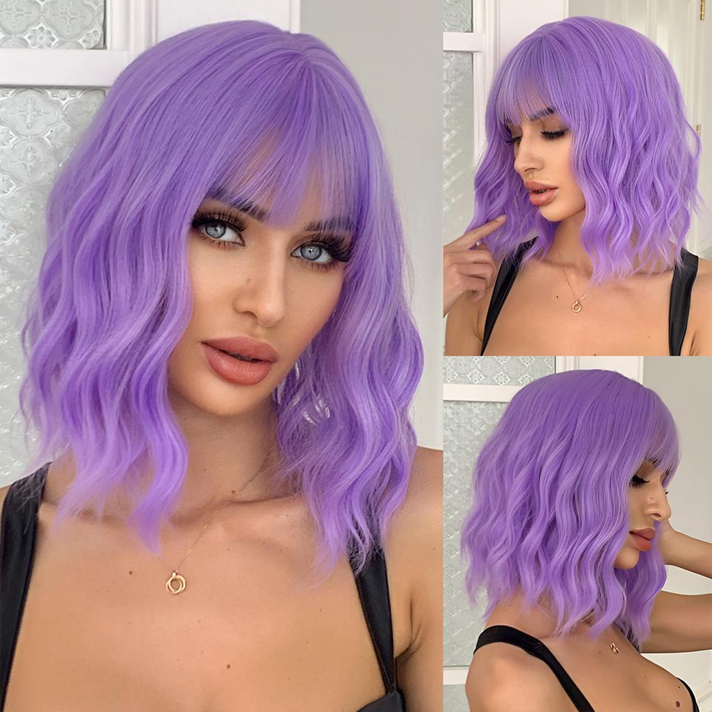 EASIHAIR Short White Bob Synthetic Wigs Short Wavy Lolita Natural Hair Wigs with Bangs for Women Heat Resistant Cosplay Wig