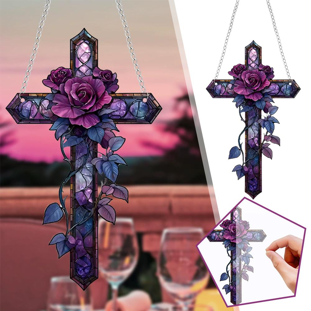 Purple Rose Cross Sun Hanging Ornament Suncatcher Hanging Ornament Tree Handmade Gift Decor Chr C6T6