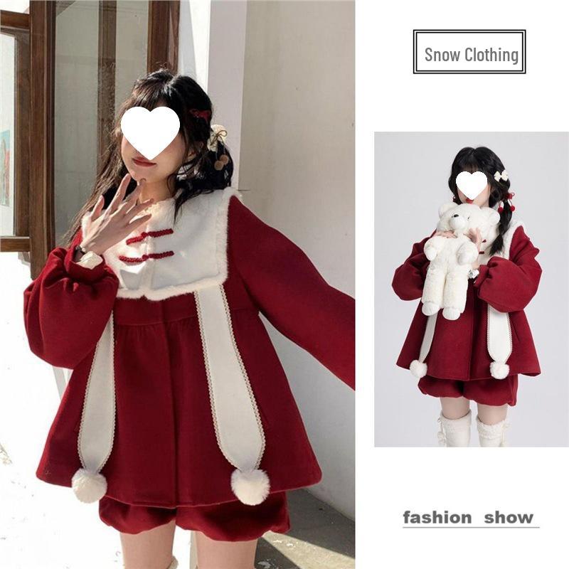 

Women s 2025 Red Frog Button Coat & Tulip Pants Set for Christmas and New Year XL