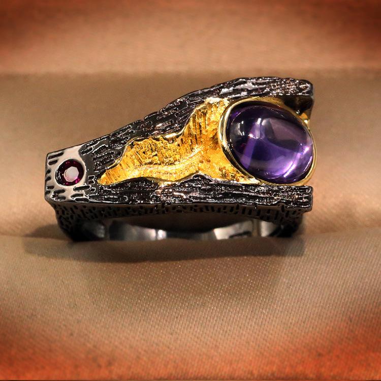 Retro Black Gold Purple Gem Ring for Womens Popular Wedding Party Dance Jewelry
