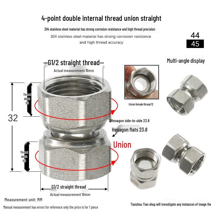 304 Stainless Steel Swivel Union Female Thread Pipe Fitting, Double Female Thread, 6 Points, 4 Points, 1 Inch, for Water Meter/Pump