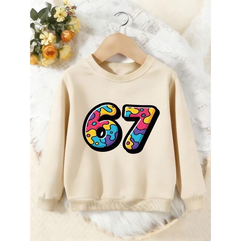 Unisex Kids Crewneck Sweatshirt, Colorful Graffiti Tie Dye 67 Number Print Pullover, Boys Girls Trendy Casual Sweatshirt For Kids Over 4 Years Old