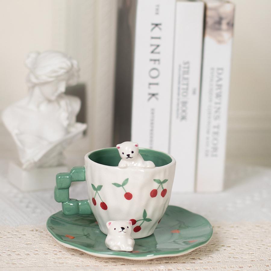 

Polar Bear Ceramics Coffee Cup and Dish Set Hand Drawn Water Cup Breakfast Cups Dessert Plate Milk Tea Cups Milk Mug Juice Mug 201-300ml