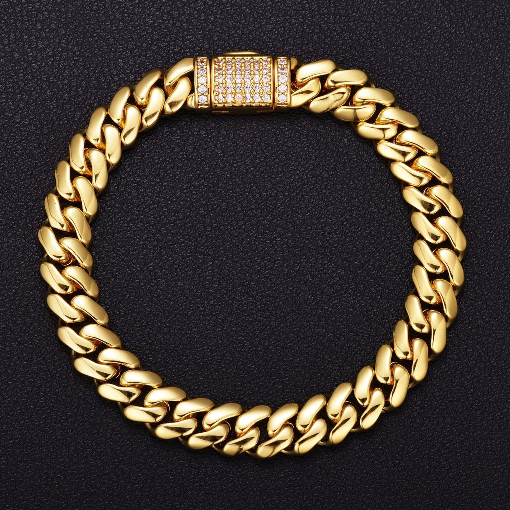 8mm Brass Zircon Real Gold-Plated Hip-Hop Smooth Cuban Chain Trendy Personalized Unisex Bracelet Jewelry Cross-Border Europe