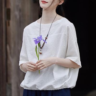 Dámske ležérne ľanové tričká Letné s okrúhlym výstrihom Krátky rukáv Jednofarebné Oversized dámske tričká