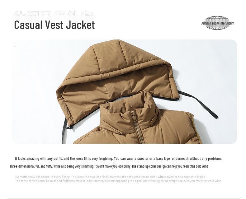 Gilet Matelassé Épais en Duvet et Coton pour Homme avec Col Montant - Vêtement d'Extérieur Automne/Hiver