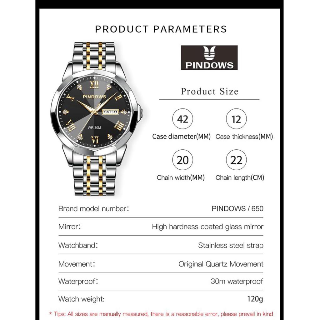 Reloj de Vestir de Lujo para Negocios PINDOWS con Cuarzo Analógico Luminoso al Agua Fecha y Correa de Acero Inoxidable para un Estilo Clásico Business Casual para Hombre