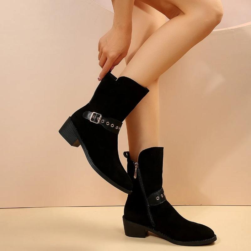 

2025 Туфли на среднем каблуке для женщин с заклепками и молнией сбоку, женские ботильоны, квадратный каблук, женские туфли с острым носком, женские ботинки больших размеров 35 чёрный