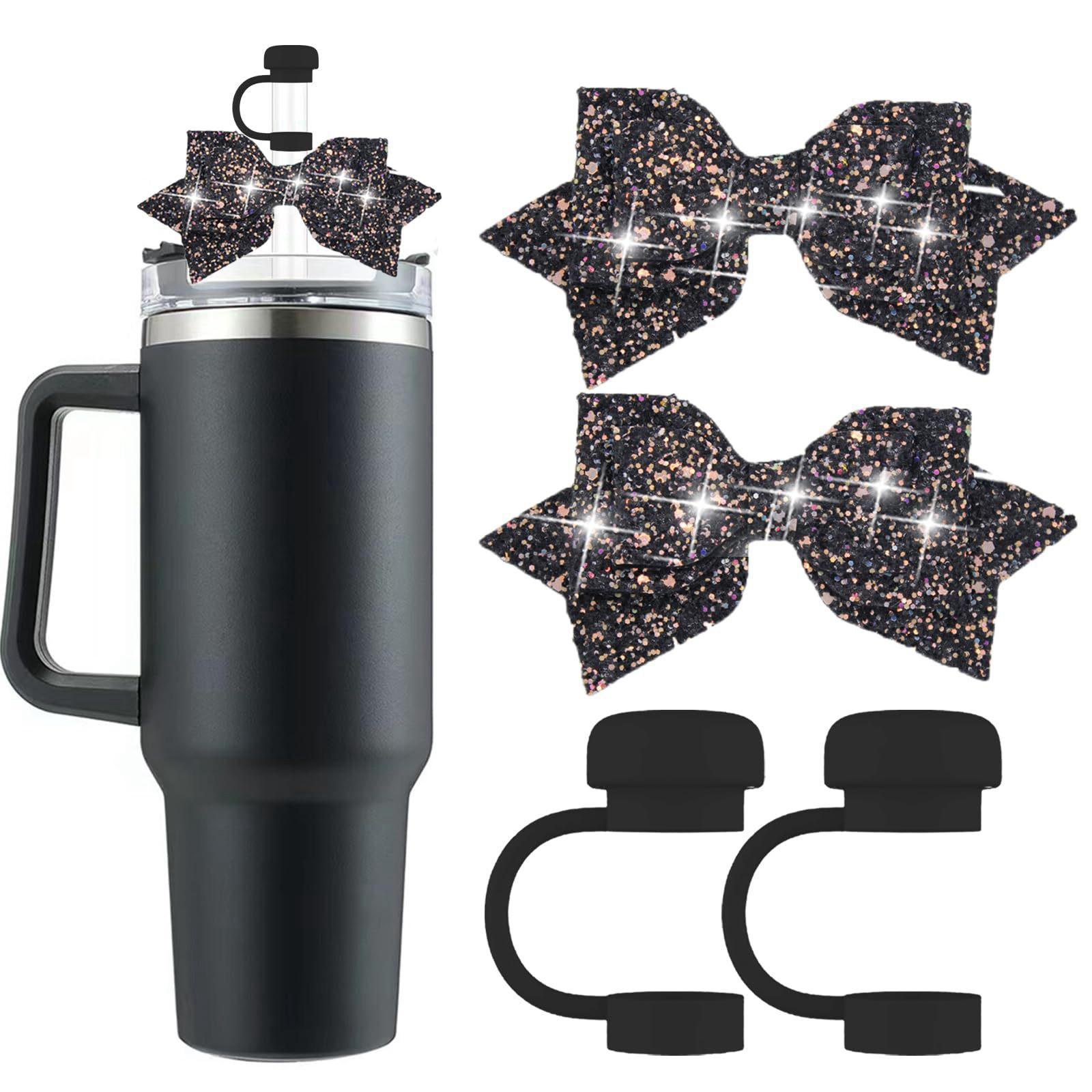 

2 шт. силиконовый чехол для стакана с 2 шт. симпатичные блестящие бантики для стакана чехол для стакана 30 и 40 унций One Size чёрный