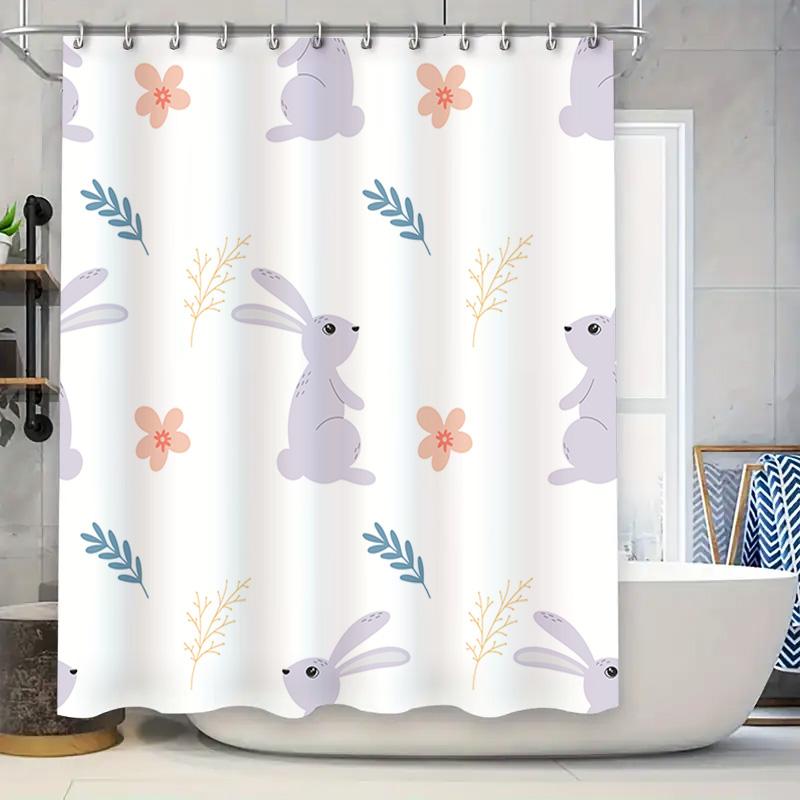 

Stylish Rabbit Floral Shower Curtain For Bathroom Decor White Patterned Fabric With Hooks Size 72X84 Inches W60H190(CM)-1 Pcs