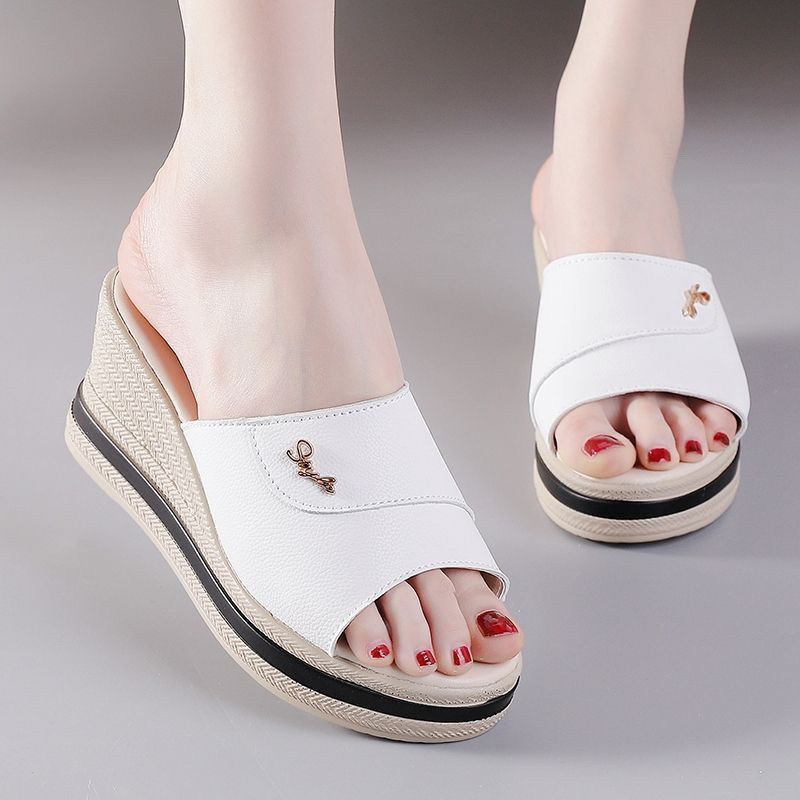 Soft leather slippers summer new versatile outer wear casual muffin heightening sandals fashionable one-word women's shoes