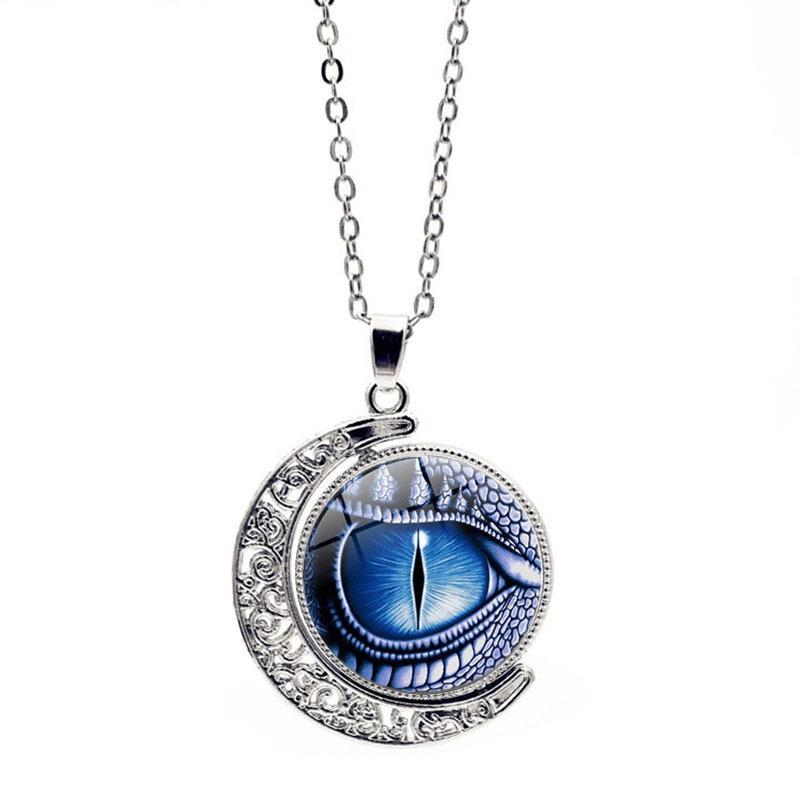 

Gothic Blue Cat Eye Hollow Moon Dragon Eye Pendant Vintage Unique Time Gem Necklace