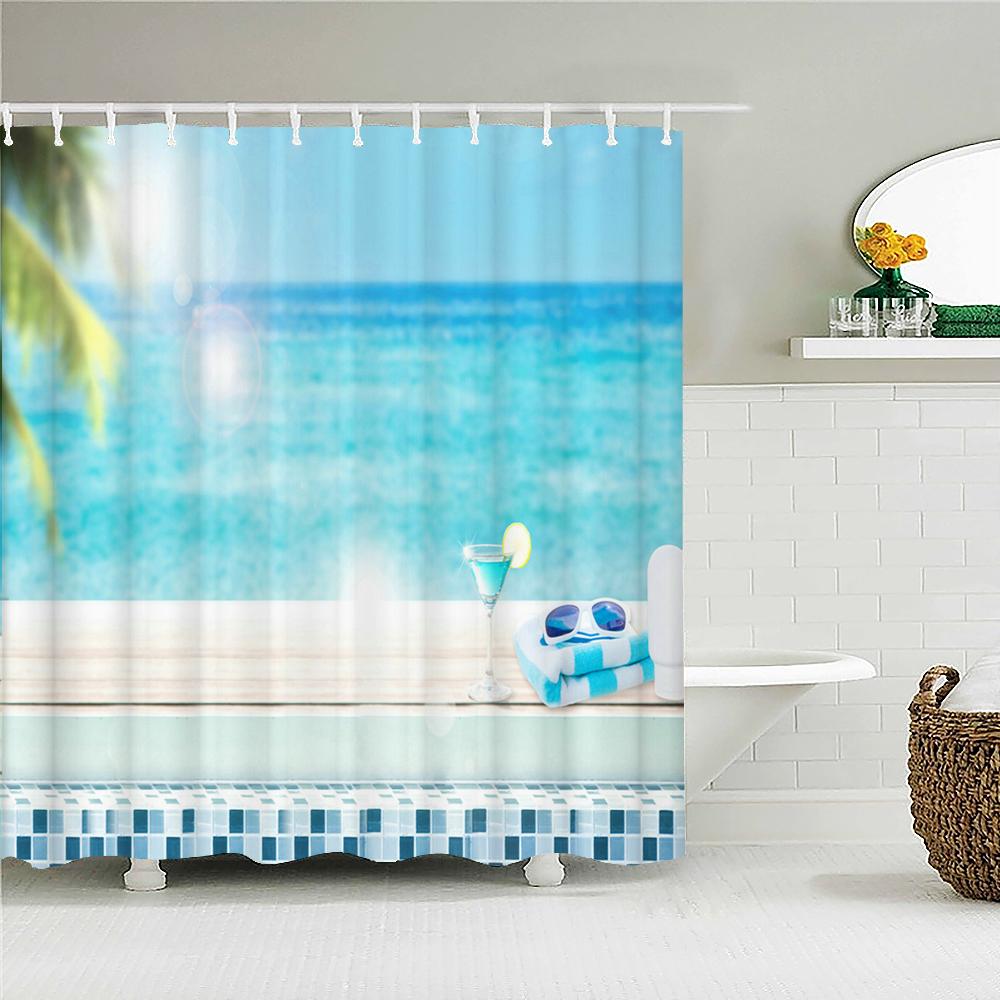 High Quality Sunny Sea Beach Scenery Fabric Shower Curtain Waterproof Printing Bath Curtains For Bathroom Decorate With Hooks