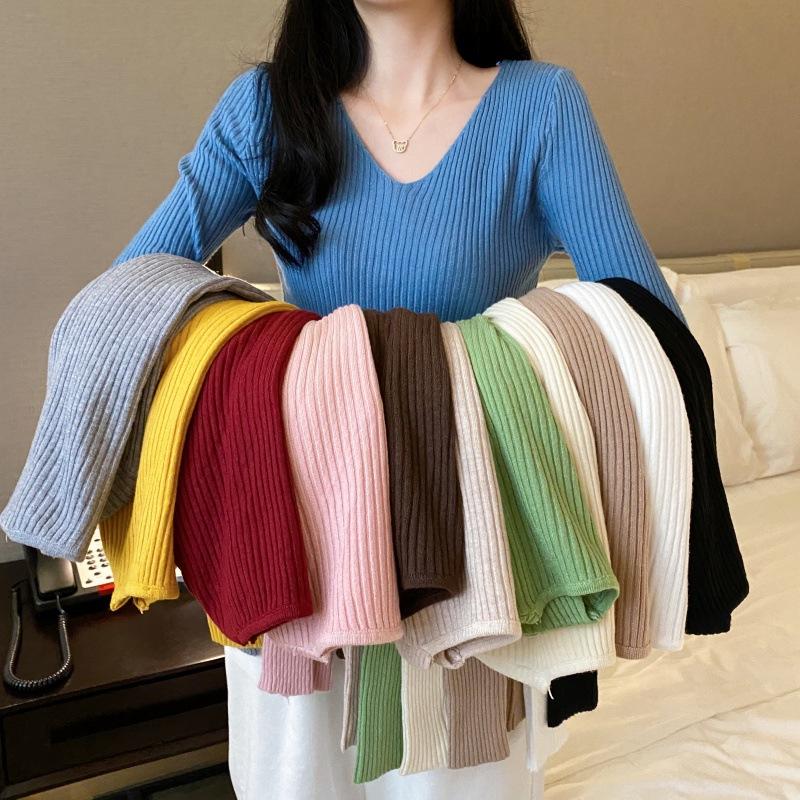 Sweater women's autumn and winter new versatile slim-fitting v-neck bottoming knitted sweater foreign style inner long-sleeved tight top