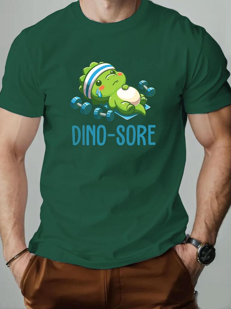 Men's Short Sleeve T-Shirt Cute Dino Sore Cartoon Dinosaur Fitness Graphic Print Weightlifting Theme Casual Streetwear Top