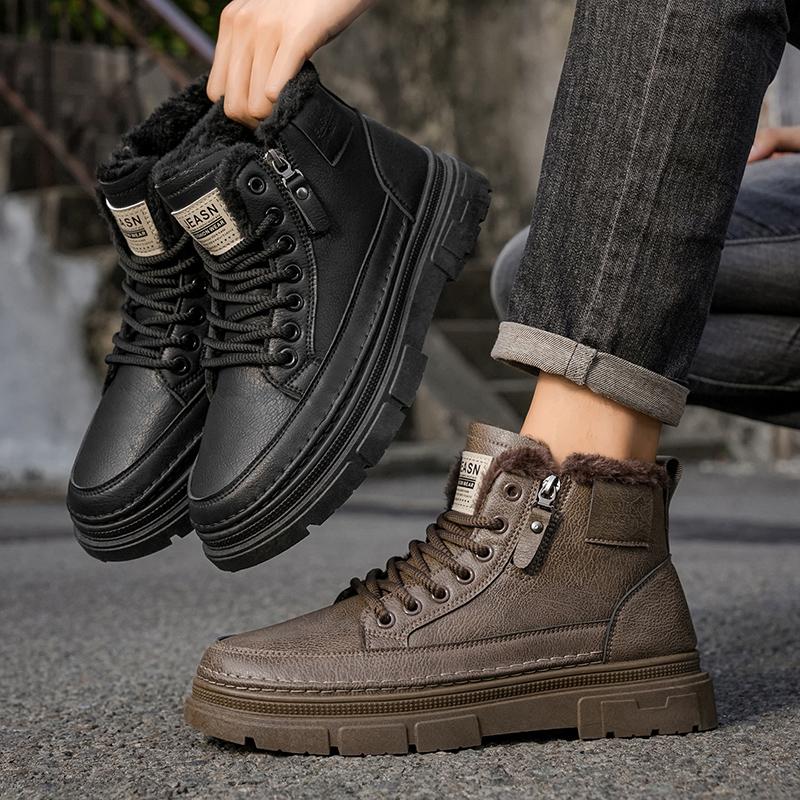 Luxury Brand Men's Ankle Boots Leather Mens Bussiness Cotton Boots Winter Warm Snow Boots with Fur Non-slip High Top Work Shoes