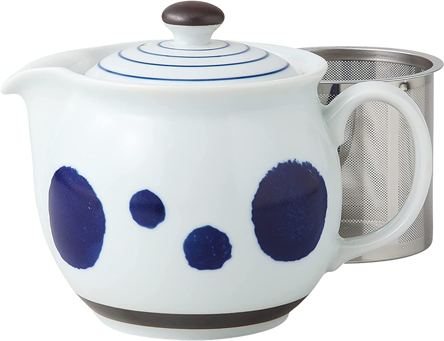 

This 10cm diameter, 450ml teapot features a rounded shape and numerous large and small circular patterns. It includes a super-fine stainless steel