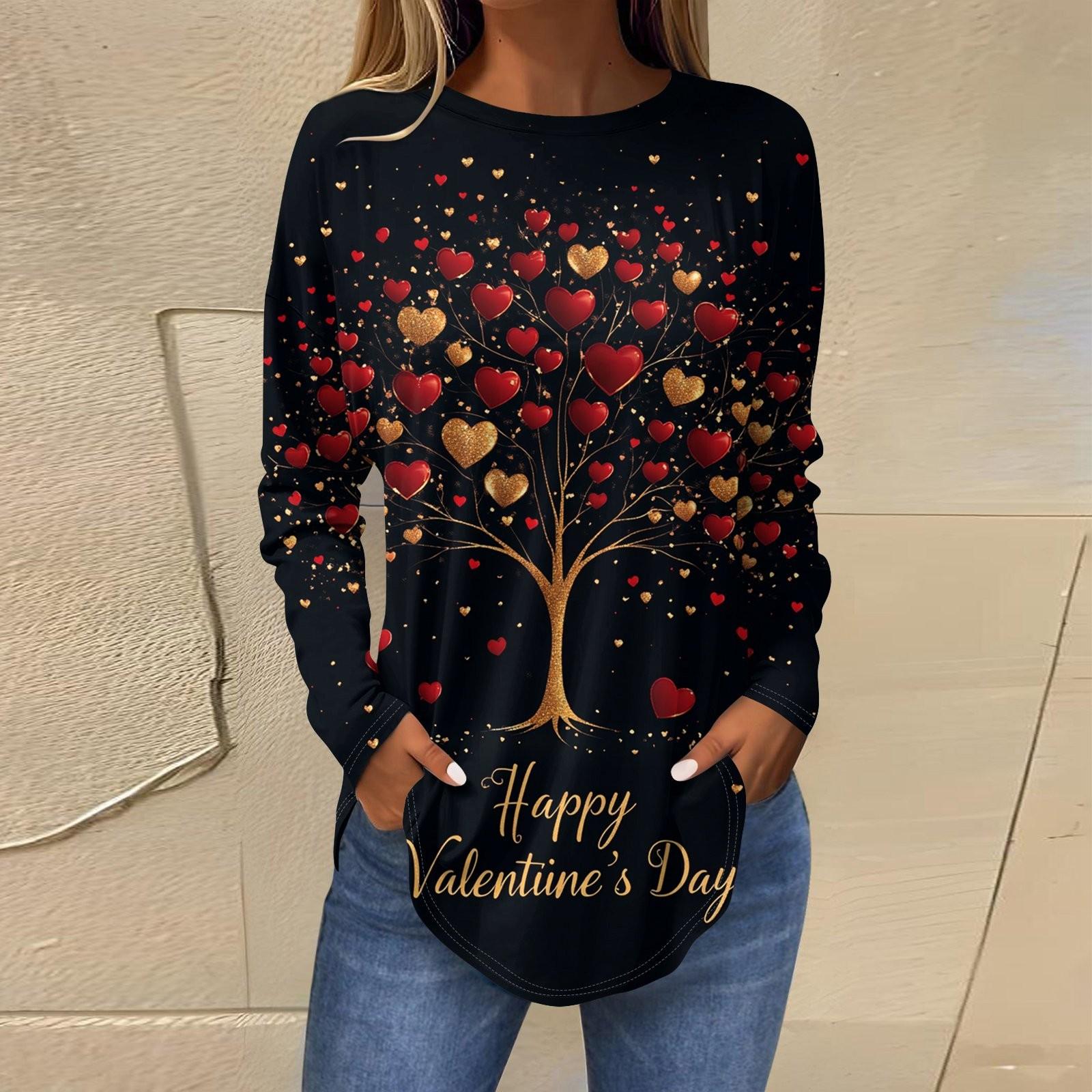 

Женская мода День святого Валентина Любовь Сердце Принт Длинный рукав Свободный круглый вырез Длинная футболка Топ L чёрный