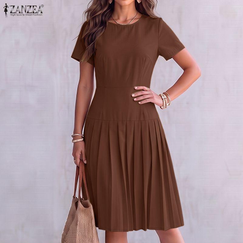 ZANZEA Women Casual Round Neck Solid Color Short Sleeve Summer Pleated Dress