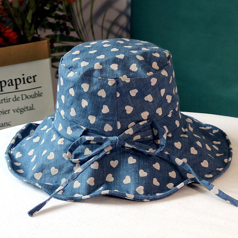 Hut für Damen im Sommer, Liebesaufdruck, Sonnenhut mit großem Rand, Sonnenschutz Baumwolle und Leinen Schalenhut, faltbarer Fischerhut