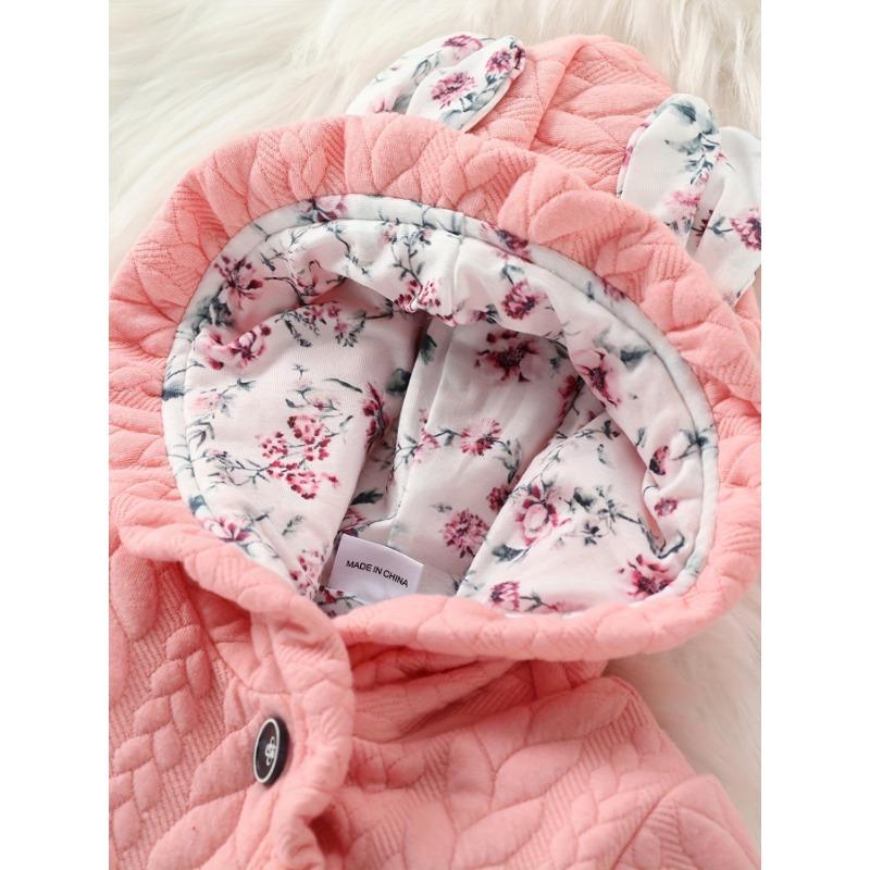 Adorable Floral Hooded Baby Girl Romper with Bunny Ears - Long Sleeve, Single-Breasted, Polyester Blend,Machine Washable - Perfect for Spring & Autumn