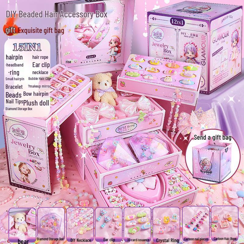 Colorful Beaded Jewelry Set for Girls - Necklace, Bracelet & Hair Accessories Gift Box