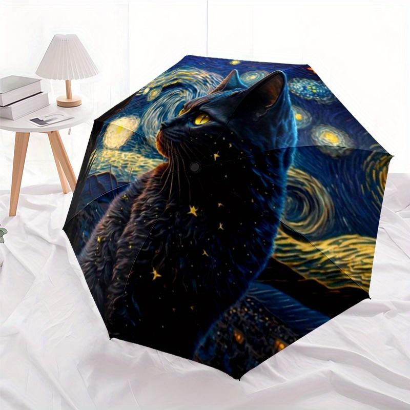 Starry Night Cat Umbrella - Automatic Folding, 8-Rib Durable Design, Vibrant Cosmic Art Print, Perfect Holiday Gift, Holiday G