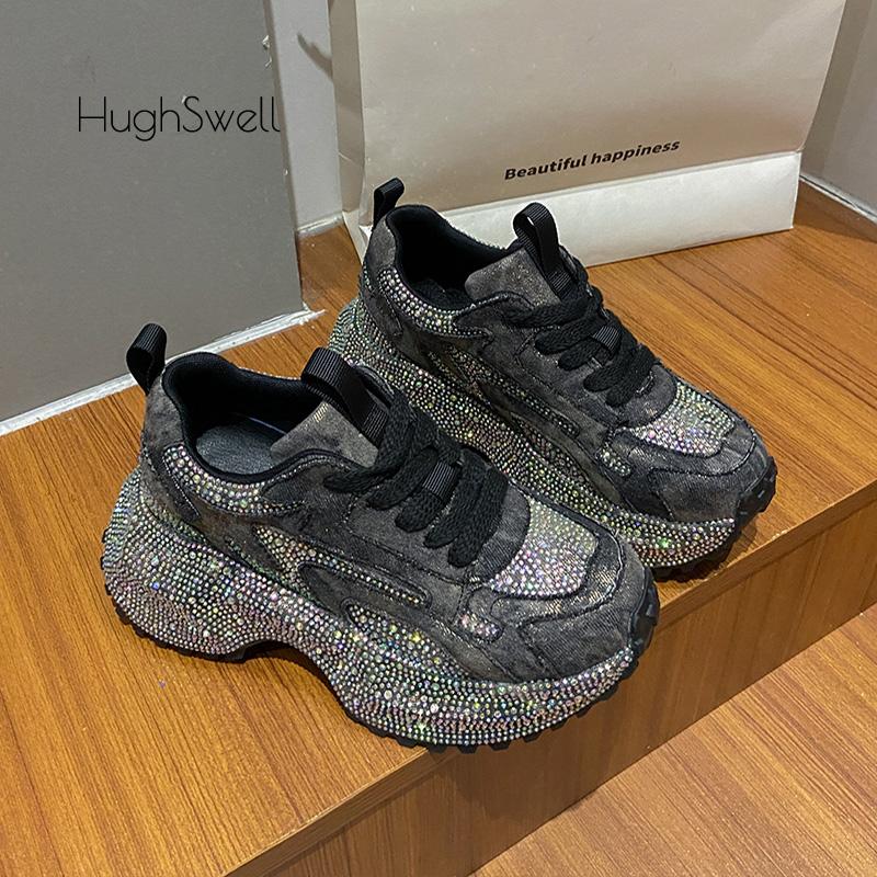 Fashion Rhinestone Cover Thick Sole Denim Canvas Sneaker Woman Bling Rivet Chunky Daddy Shoe Ladies Luxury Brand Design Crystal Zapatos