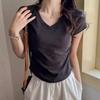 Black Right Shoulder Slim V-neck Short-sleeved T-shirt for Women Summer New Korean Style Pleated Slim Waist Short Top