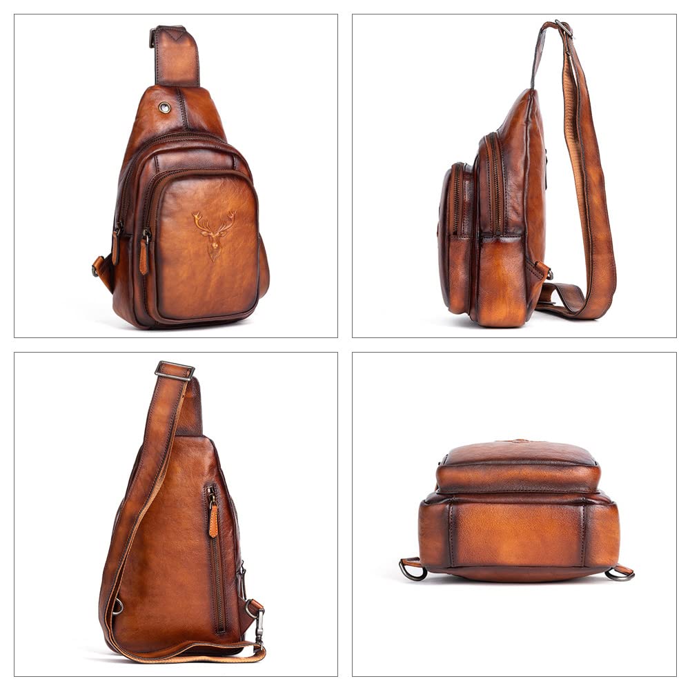 Whatna Tanned Natural Cowhide Leather Crossbody Bag for Genuine Thick Leather with Earphone 13541 Antique-Style Bag, One-Shoulder Men, Hole, (Black)