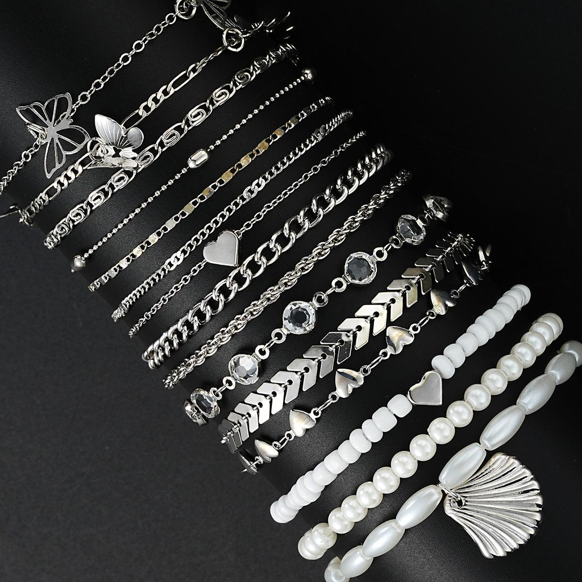

15 Pcs Bohemian Heart Bead Chain Anklet Set for Women Summer Beach Minimalist Crystal Pearl Bracelet Vacation Holiday Jewelry
