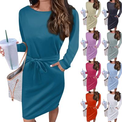 Women's Casual Fashion Sexy Round Neck Long Sleeve Waist Solid Color Dress