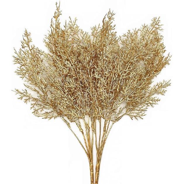 PASYOU Fake Leaves Plants for Christmas Decor, Gold Artificial Shrubs Grass Foliage Plastic Bulk Leaf Indoor Outdoor Home Garden Party Hotel Verandah
