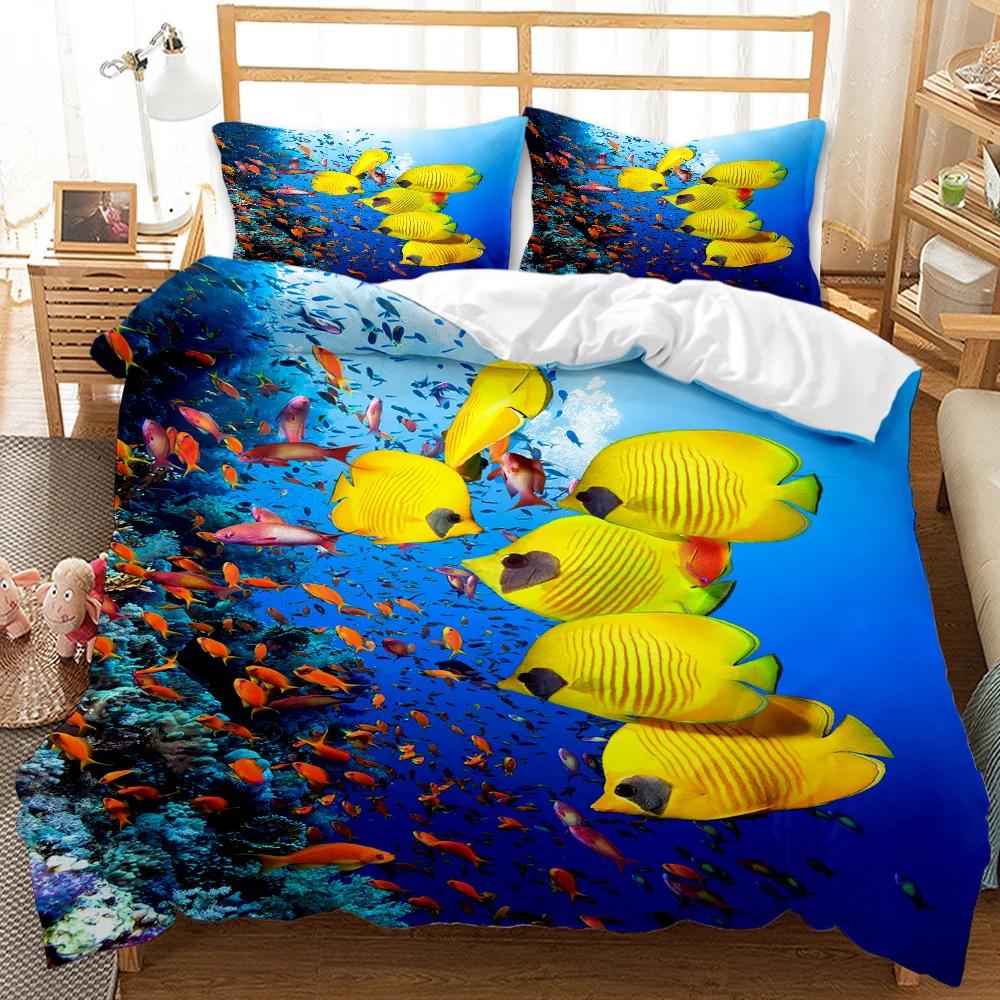 Ocean Fish Duvet Cover Set Ocean Animals Fishes Theme Bedding Set Pillowcase Twin Double Queen King Size Polyester Qulit Cover