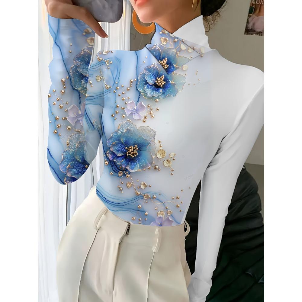 Elegant floral print cheongsam collar T-shirt, suitable for women - long sleeves - suitable for autumn and winter