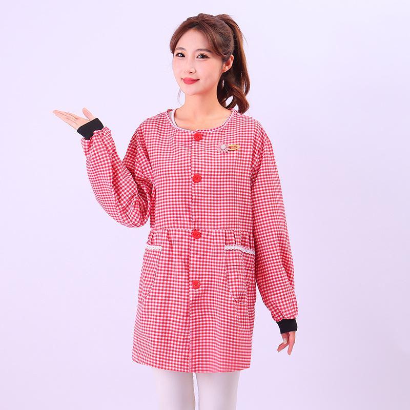 Plaid Long-Sleeve Apron Smock for Adults - Korean Style