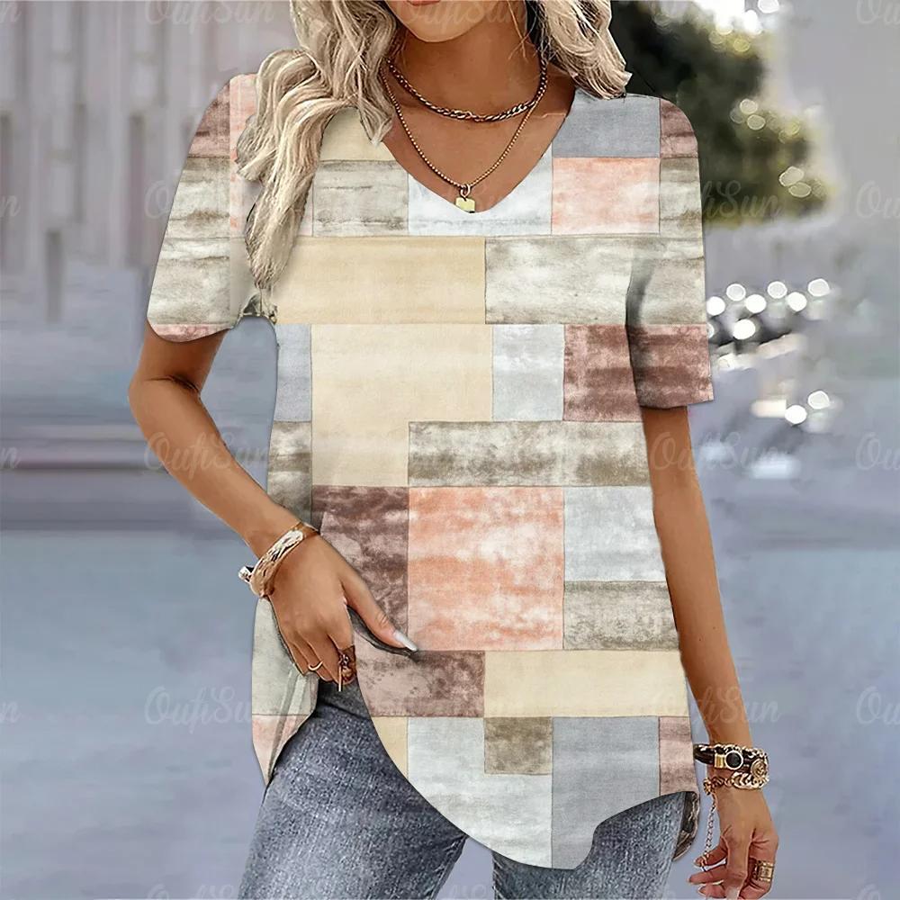 

Korean version of women s color matching printed V-neck shirt women short-sleeved summer street daily niche comfortable top XL