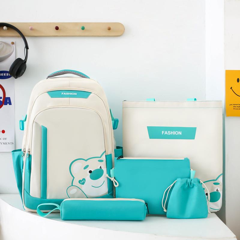 Five-Piece Backpack Set Women's Bear Printed Backpack Student Color Contrast Schoolbag