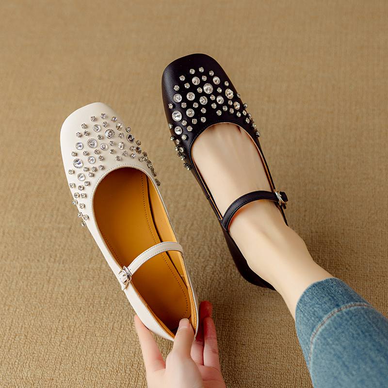 Krazing Pot Sheepskin Summer Autumn Size 40 Low Heels Crystal-studded Mary Janes Square Toe Gladiator Shallow Pumps